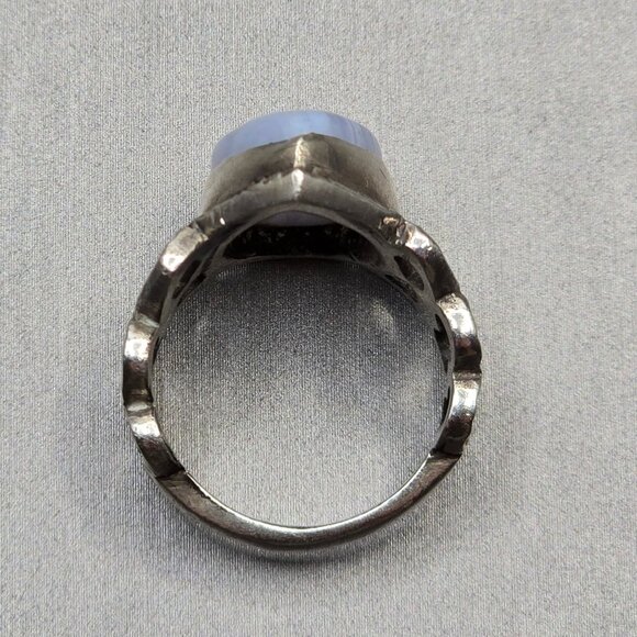 VTG Sterling Silver Teardrop Blue Lace Agate Ring Size 6.5 Cut-Out Link Band - Picture 4 of 11